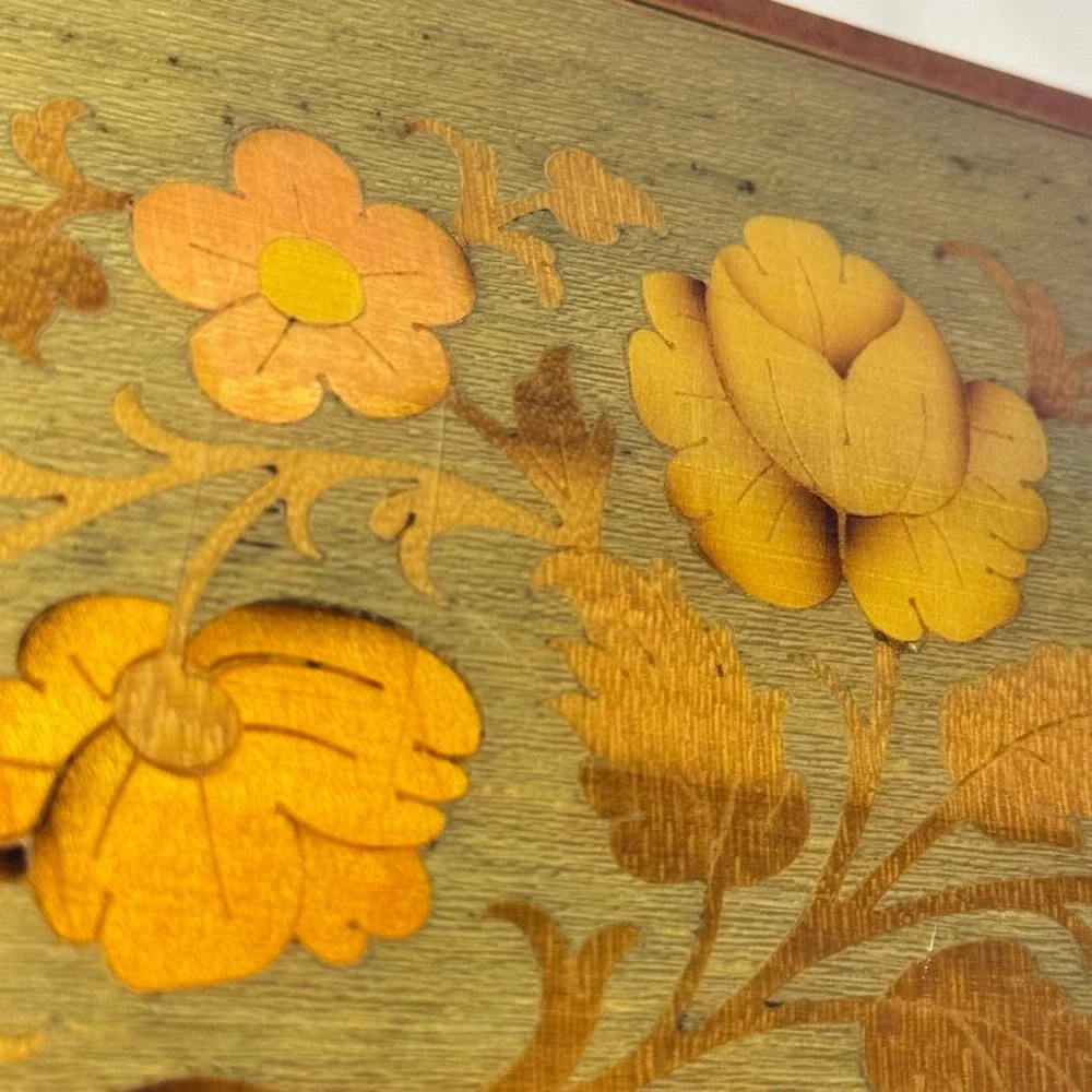 Vintage Italian Inlaid Wood Music Box Jewelry Case Floral CottagecoreMCM